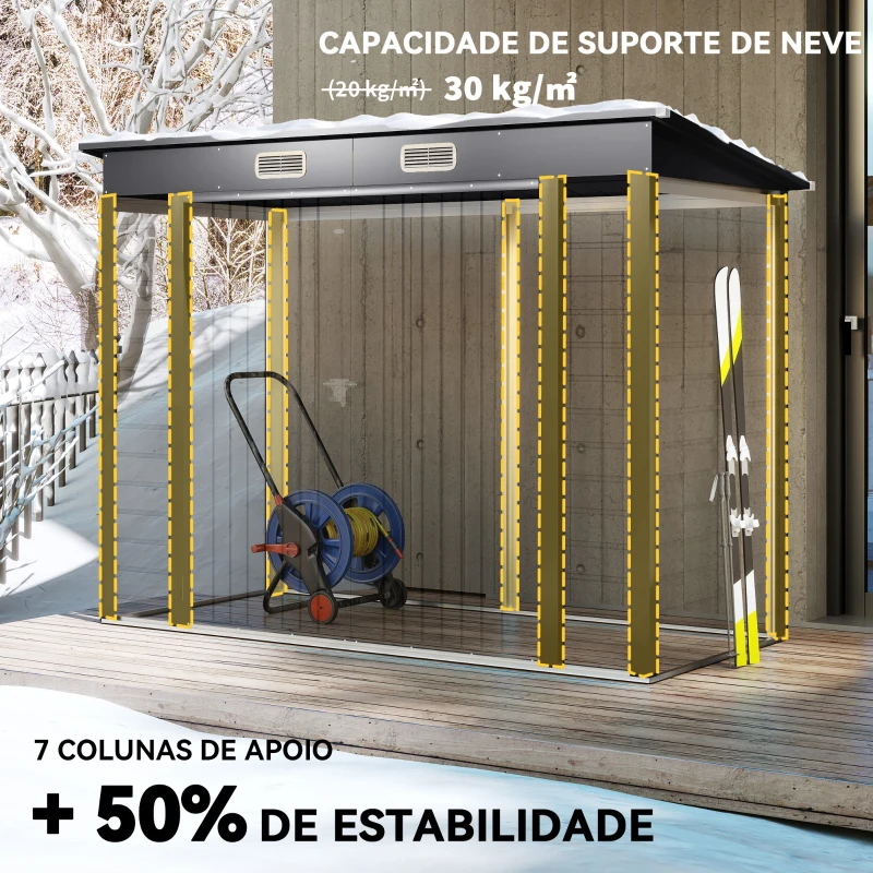 Outsunny Abrigo de Jardim 2,7m² 249x121x183 cm Abrigo de Exterior com Porta Dupla 2 Ventilaç4oes e Trava Abrigo para Pátio Cinza