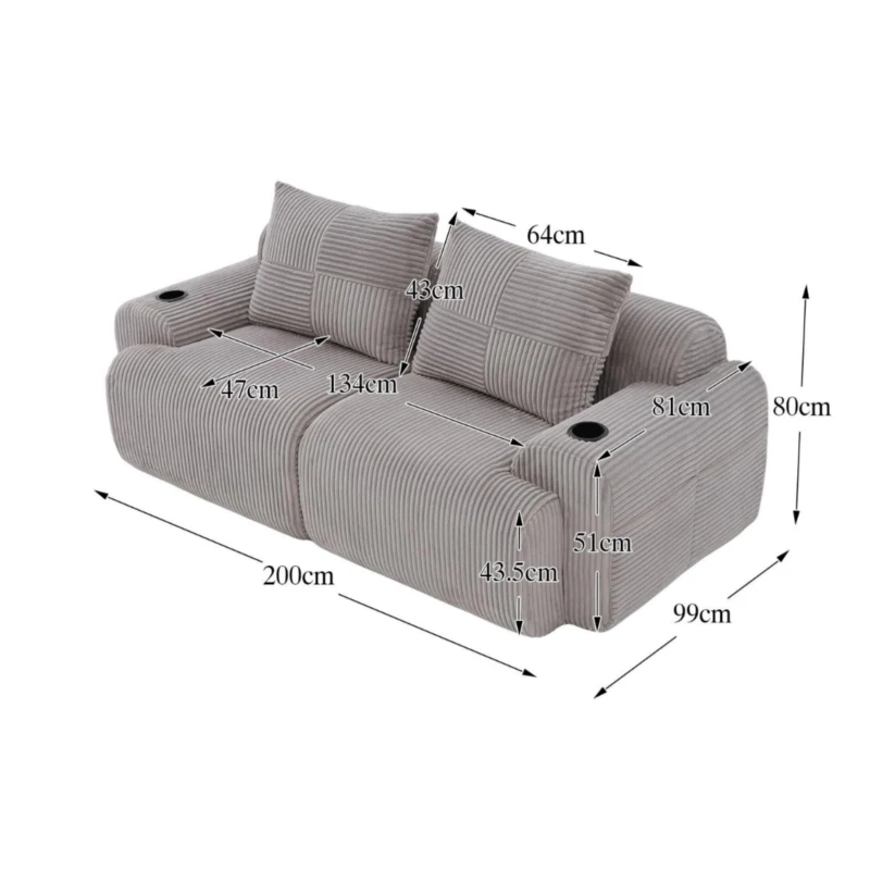 Modulares 2-Sitzer-Cordsofa, mit Getränkehalter und Seitentasche, 200 x 99 x 80 cm, Hellgrau