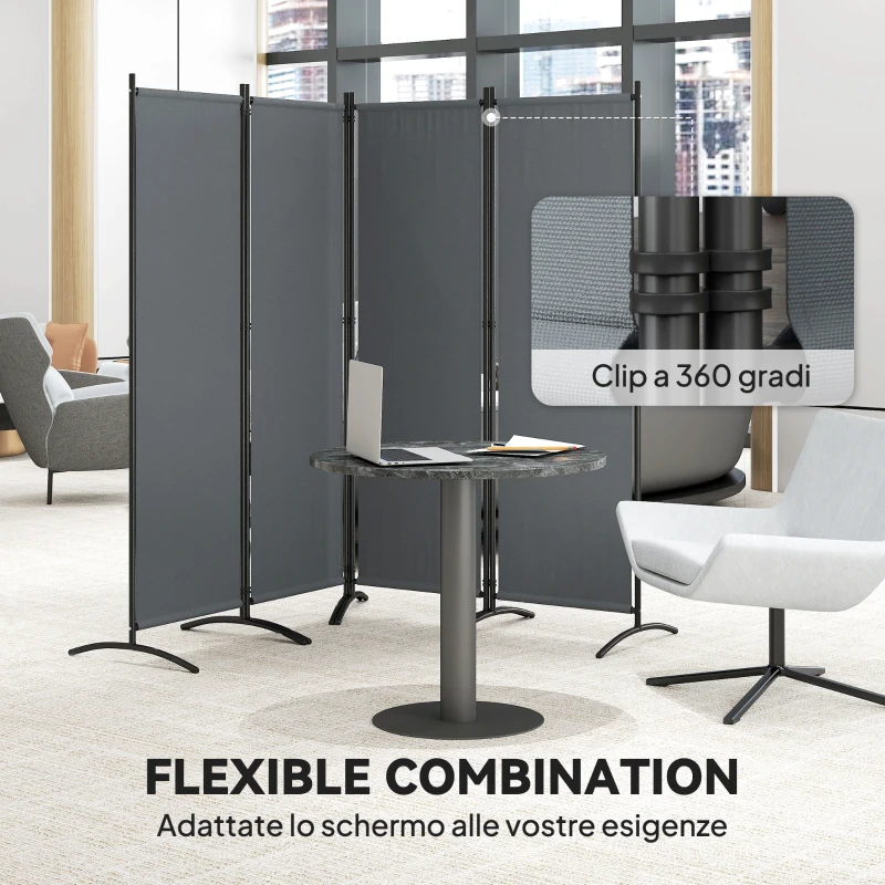 Outsunny Paravento da Esterno e Interno a 4 Pannelli Pieghevole, 221x50x172cm, Grigio Scuro