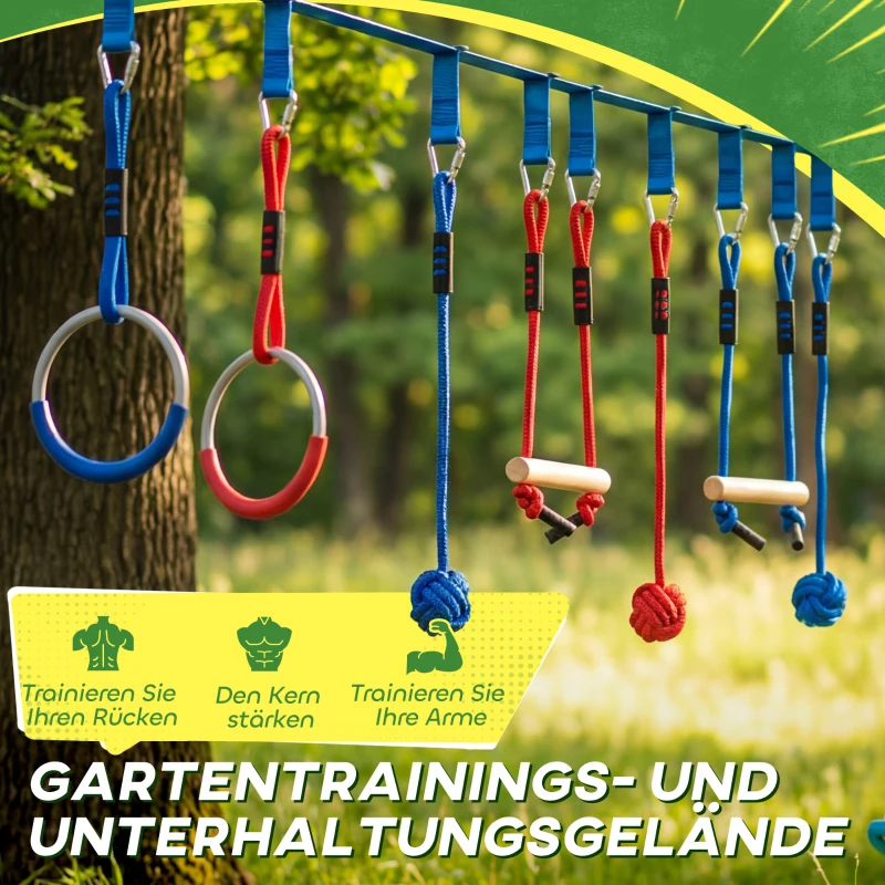 AIYAPLAY Ninja Line Kinder 10m 9-teilig Slackline Set mit 2 Turnringe 3-in-1 Schaukel 2 Kletterstange für 3-8 Jahre Mehrfarbig