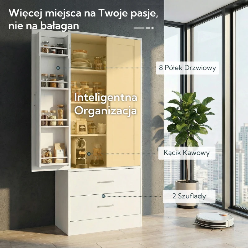 HOMCOM Szafka kuchenna Bufet z 2 drzwiami, 8 półkami drzwiowymi, 2 szufladami, Wysoki szafka z regulowanymi półkami, Nowoczesny schowek na zapasy do salonu, Biały, 60 x 40 x 159 cm