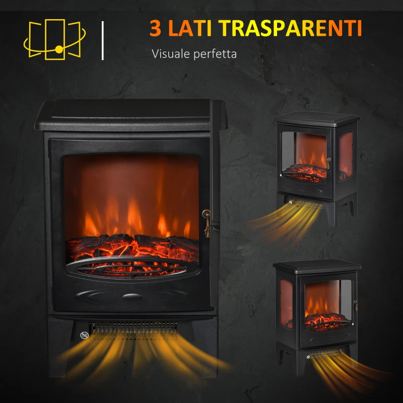 HOMCOM Camino Elettrico Effetto Fiamma e 3 Lati Aperti, Temperatura Regolabile 900W-1800W, Protezione da Surriscaldamento, Copertura 20-25m², 39x26x54.8cm, Nero