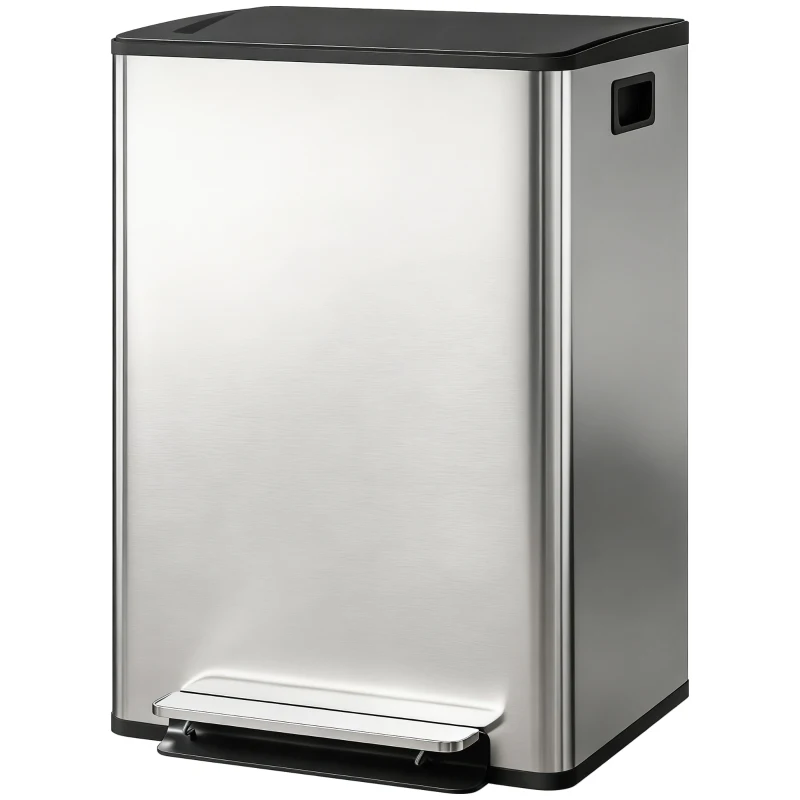 HOMCOM Pattumiera a Pedale con 2 Scomparti da 30L, Coperchio Ammortizzato e Secchi Rimovibili, Acciaio Inox, Argento