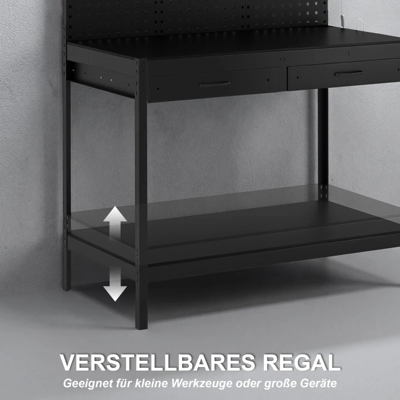 HOMCOM 110 cm Werkbank mit Lochwand, robuste Werkbank mit Steckdosenleiste und LED-Beleuchtung, Schwarz