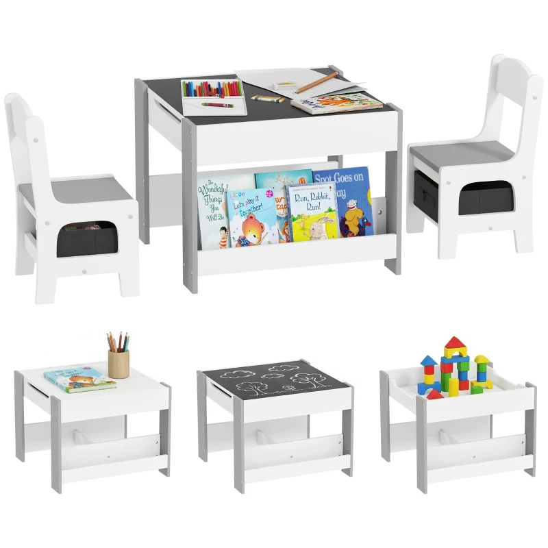 HOMCOM Set Tavolino per Bambini e 2 Sedie, Piano del Tavolo 3 in 1 con Lavagna e Contenitori, Grigio