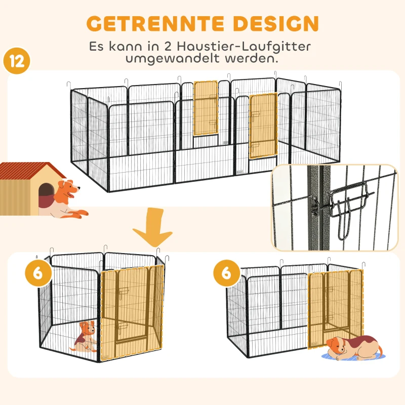 PawHut Welpenlaufstall 12-teilig Welpenauslauf faltbar mit 2 Tür 12 Gitterplatten Stahl je 80x100 cm Grau