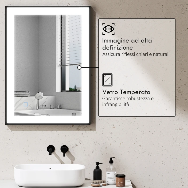 HOMCOM Specchio da Bagno Illuminato a LED con Colore e Temperatura Regolabile e Cornice in Alluminio, 70x3x50 cm, Nero