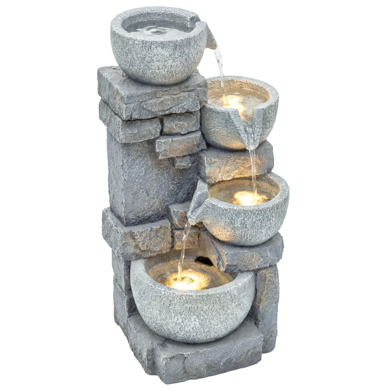 Outsunny Gartenbrunnen mit LED-Beleuchtung und Pumpe, dekorativer 4-stufiger Kaskadenbrunnen, einstellbarer Durchfluss, Grau