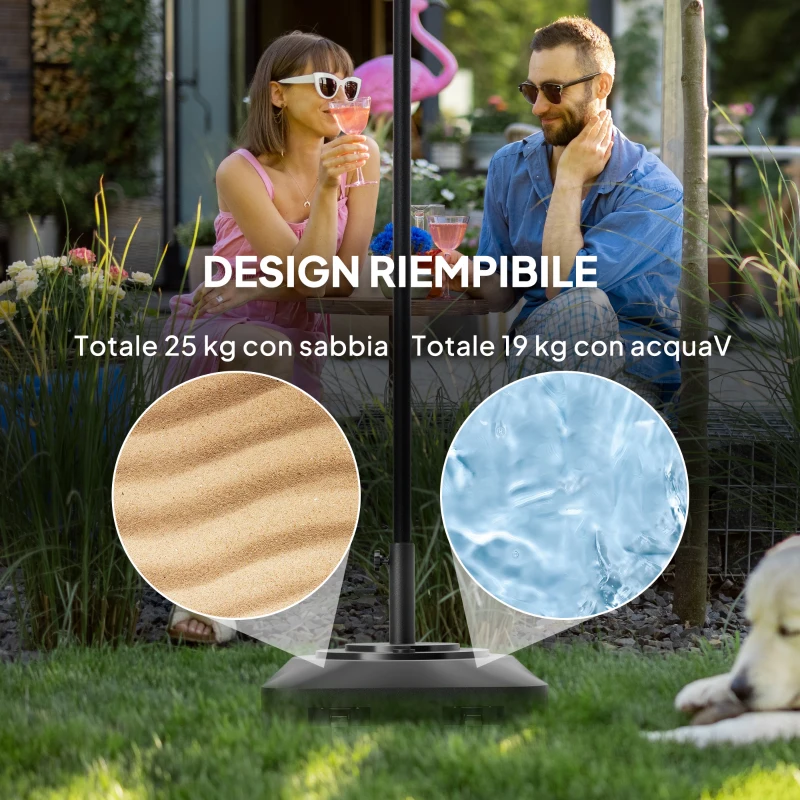 Outsunny Base per Ombrellone a Rotelle e Riempibile con Acqua o Sabbia, in HDPE, 48x48x32.5 cm, Nero