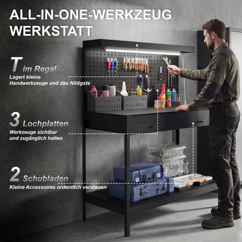 HOMCOM 110 cm Werkbank mit Lochwand, robuste Werkbank mit Steckdosenleiste und LED-Beleuchtung, Schwarz