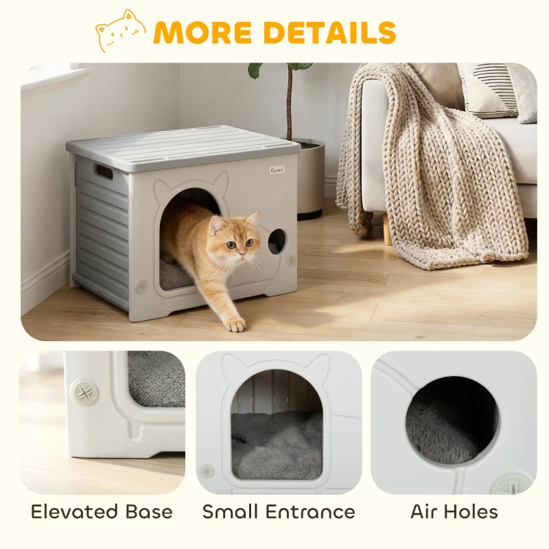 PawHut Cat House Stackable Pet Shelter with Removable Cushion for Indoor Outdoor Use Grey