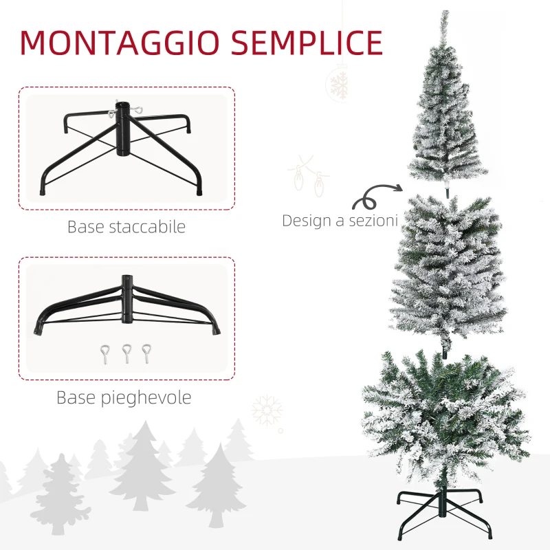 HOMCOM Albero di Natale Innevato in PP Verde con 738 Rami Ignifughi e Base in Acciaio Inox, Ø68x225 cm