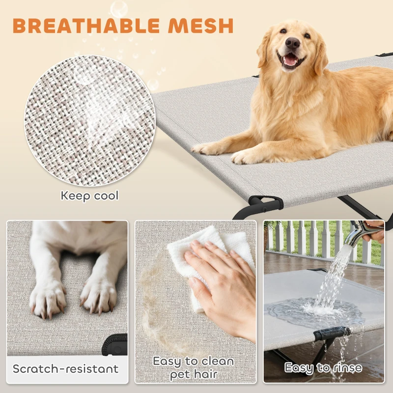 PawHut Legowisko Outdoor, Podwyższone legowisko dla dużych psów, z ramą stalową, oddychającą siatką, 152x94x23 cm, Beżowe