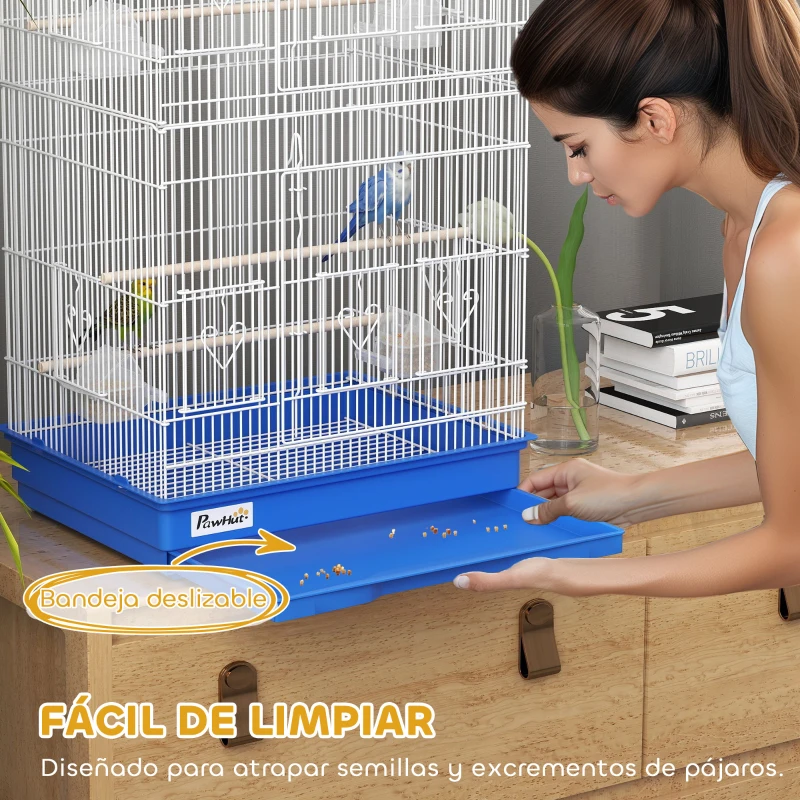 PawHut Jaula para Pájaros Pajarera de Metal con 4 Comederos 3 Perchas Columpio y Bandeja Extraíble Asa 46,5x35,5x92 cm Azul