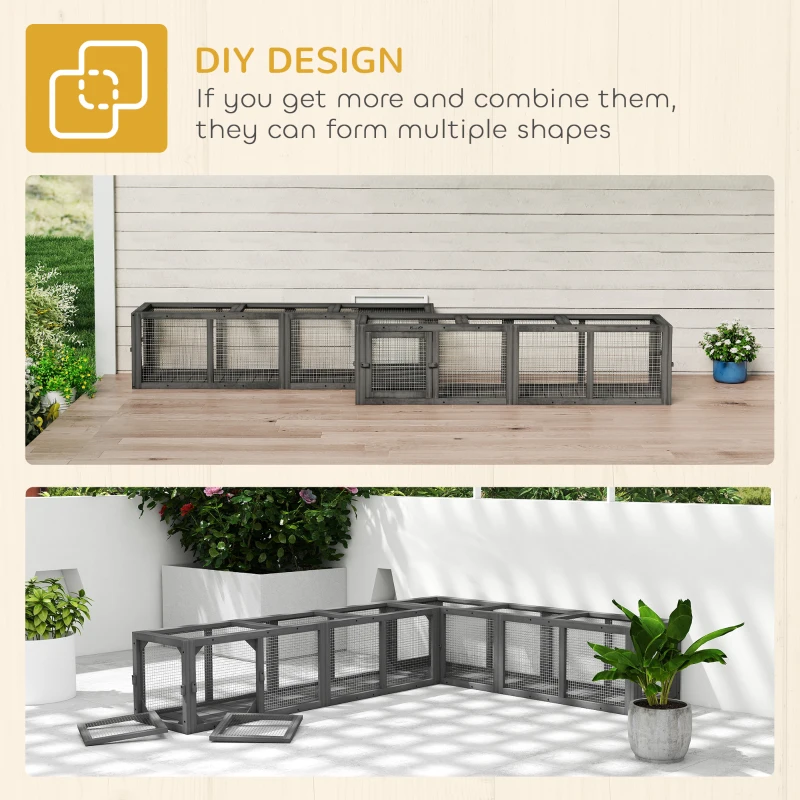 PawHut Outdoor Cat Tunnel, Wooden Play Cat Enclosure, Extendable Pet Run with 3 Doors, for Indoor and Outdoor Use, Grey