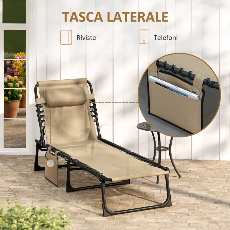 Outsunny Sdraio da Giardino Pieghevole con Schienale Reclinabile su 5 Posizioni e Cuscino, 185x58x30cm, Beige