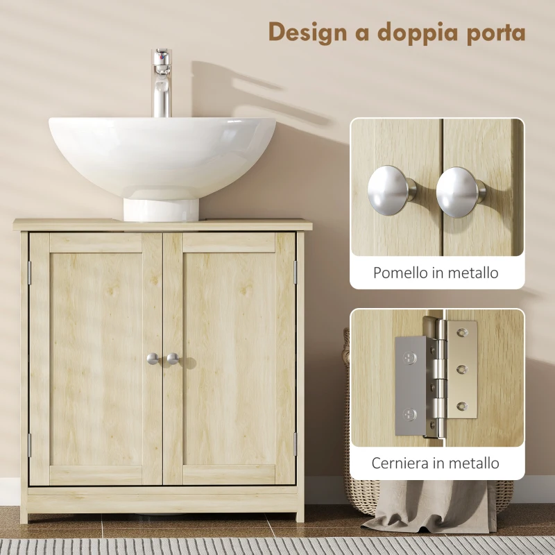 kleankin Mobile Sottolavabo a 2 Ante con Ripiano Regolabile e Intaglio a U, 60x30x60 cm, Rovere