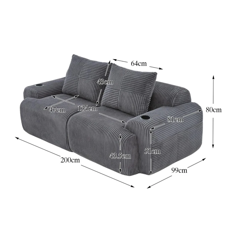 Modulares 2-Sitzer-Cordsofa, mit Getränkehalter und Seitentasche, 200 x 99 x 80 cm, Dunkelgrau