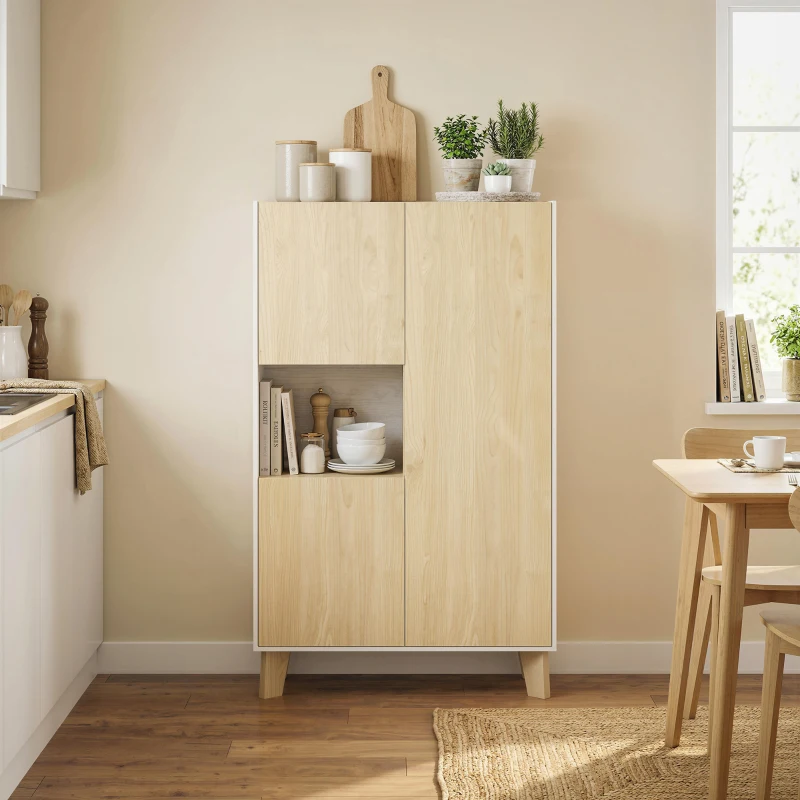 HOMCOM Buffet para Sala Móvel de Arrumação com 6 Compartimentos e Portas com Fecho Amortecido 80x40x135 cm Branco e Madeira Natural