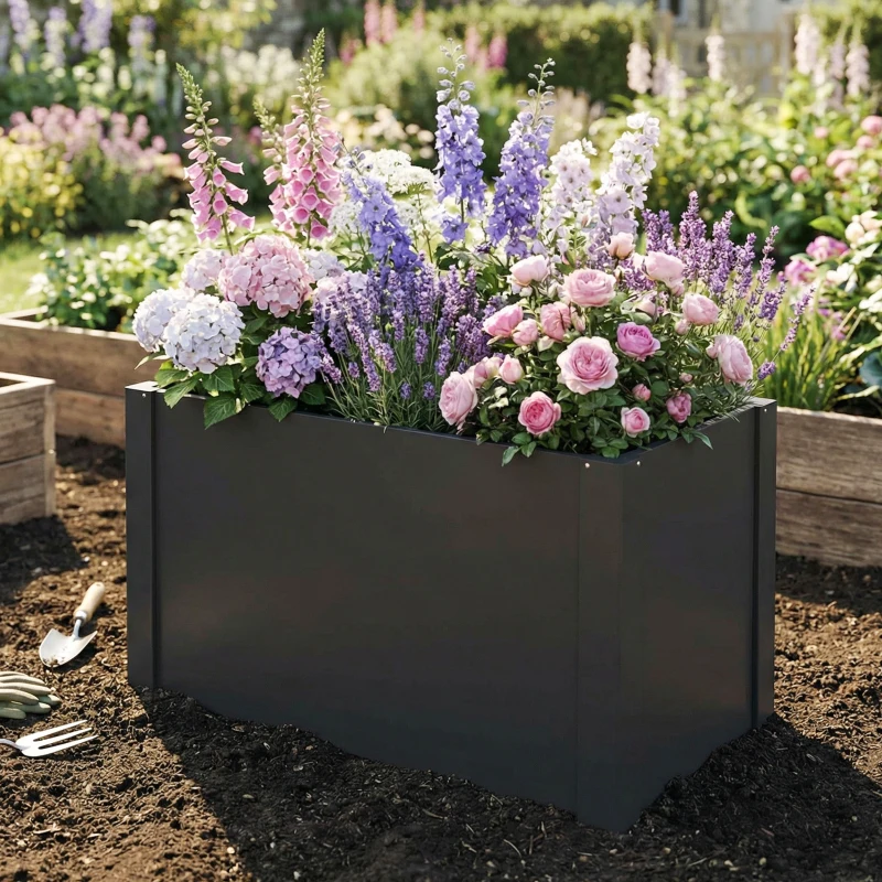 Outsunny Bac surélevé avec fond ouvert, jardinière avec barre de renfort et gants, 102 x 52 x 55 cm, Noir