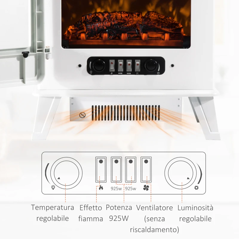 HOMCOM Camino Elettrico Moderno da Terra con Effetto Fiamma 925W/1850WBianco