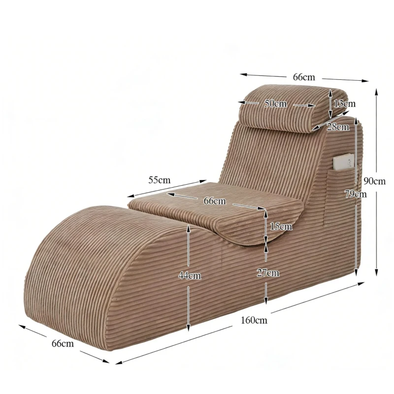 Moderner Freizeit-Sessel mit ergonomischer Rückenlehne, abnehmbarem Sitzkissen und Seitentasche, 160 x 66 x 90 cm, Khaki