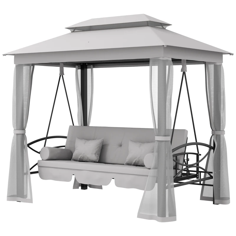 Outsunny 3 Seater Convertible Swing Chair, Outdoor Gazebo Swing Seat Bed with Double Tier Canopy, Cushioned Seat, Mesh Sidewalls, Light Grey
