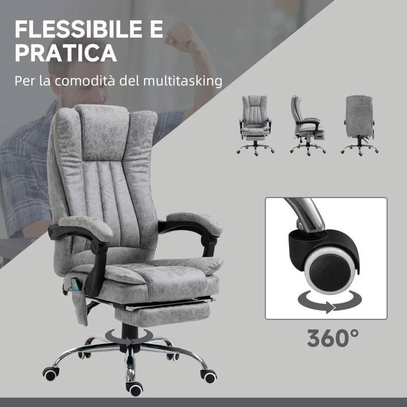 Vinsetto Sedia da Ufficio Massaggiante e Riscaldante ad Altezza Regolabile, Poltrona con Poggiapiedi, Sedia Ergonomica in Microfibra, 62x70x113-120 cm, Grigio
