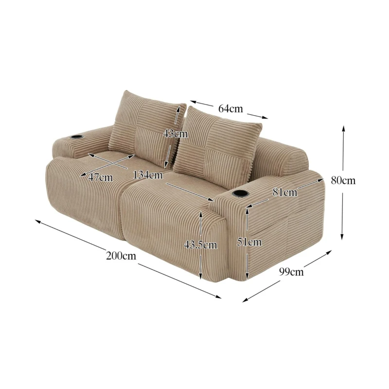 Modulares 2-Sitzer-Cordsofa, mit Getränkehalter und Seitentasche, 200 x 99 x 80 cm, Khaki