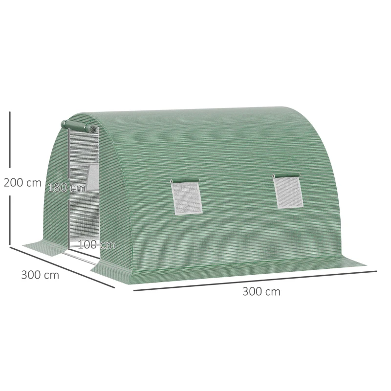 Outsunny Serra a Tunnel da Esterno 3x3x2m con Copertura in PE, Porta con Cerniera e 4 Finestre, Verde