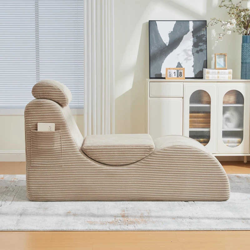 Moderner Freizeit-Sessel mit ergonomischer Rückenlehne, abnehmbarem Sitzkissen und Seitentasche, 160 x 66 x 90 cm, Khaki