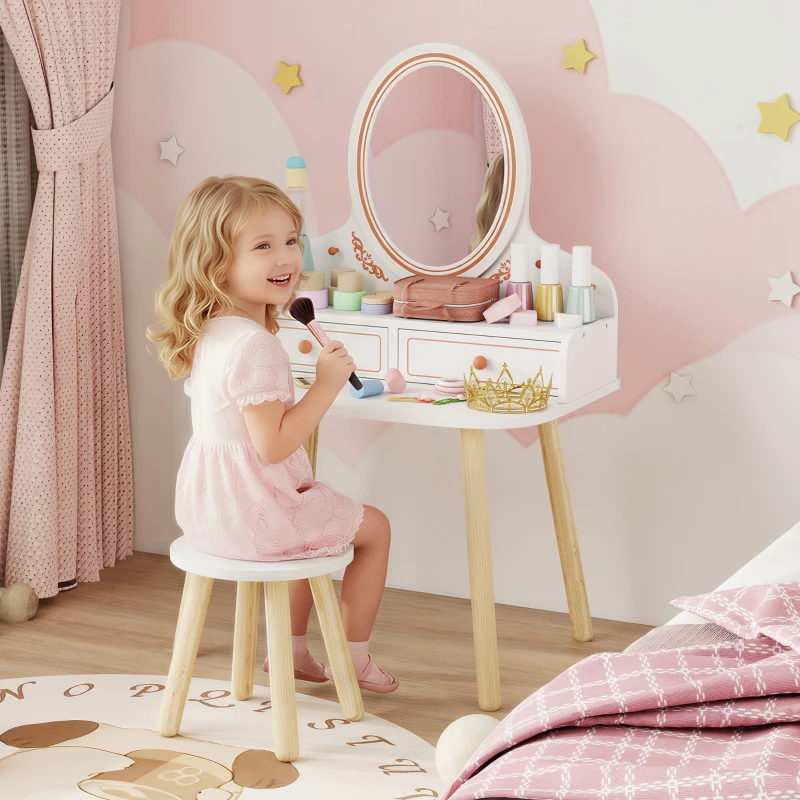 AIYAPLAY Tocador de Maquillaje Niña Tocador Infantil con Taburete y Espejo 2 Cajones y Barras Colgantes 3 a 8 Años Blanco