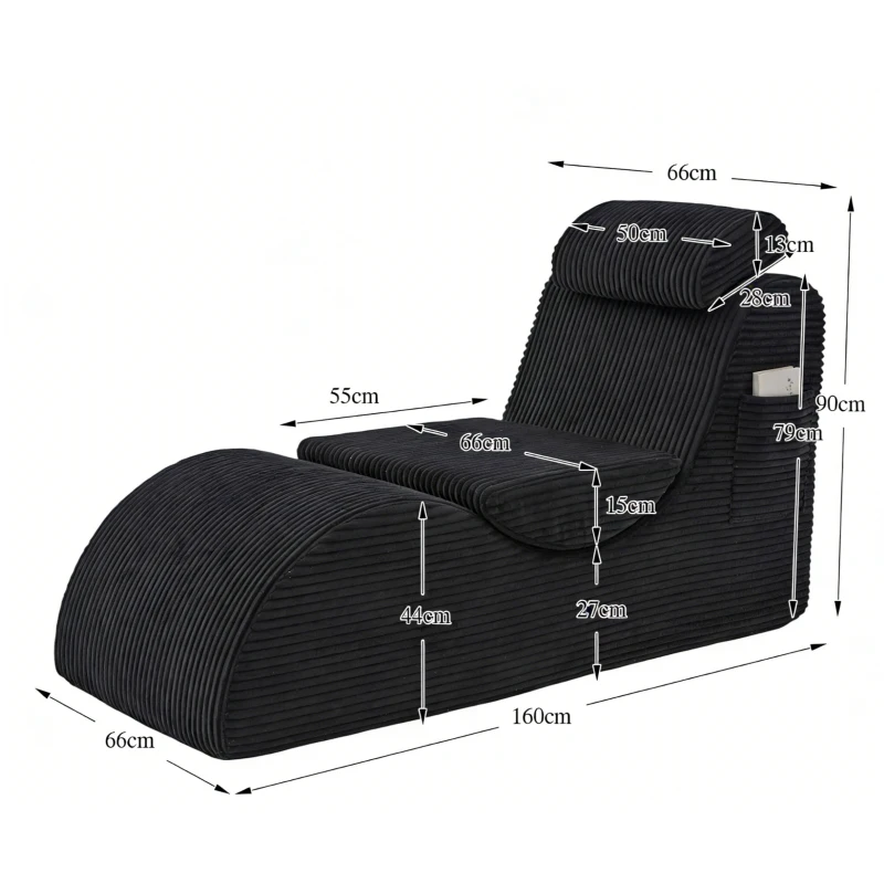 Moderner Freizeit-Sessel mit ergonomischer Rückenlehne, abnehmbarem Sitzkissen und Seitentasche, 160 x 66 x 90 cm, Schwarz