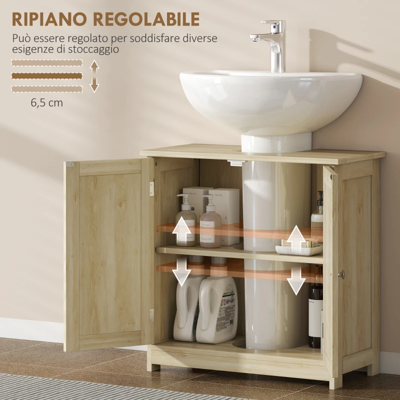 kleankin Mobile Sottolavabo a 2 Ante con Ripiano Regolabile e Intaglio a U, 60x30x60 cm, Rovere