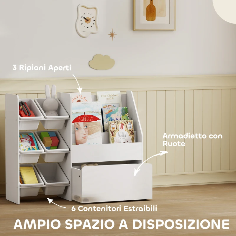 AIYAPLAY Scaffale Portagiochi con 6 Cesti, 3 Ripiani e Box Inferiore, in Legno, Plastica e Acciaio, 100x30x80 cm, Bianco