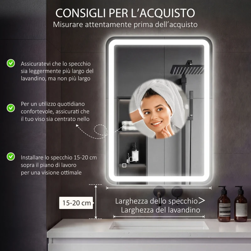 HOMCOM Specchio Bagno con Interruttore Touch, Luce LED a 3 Temperature e Antiappannamento, 70x100cm
