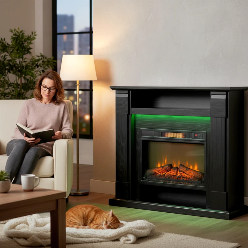 HOMCOM Camino Elettrico 1800W Regolabile con Fiamma 3D, Ripiano, Timer e Telecomando, 105x27x97 cm, Nero