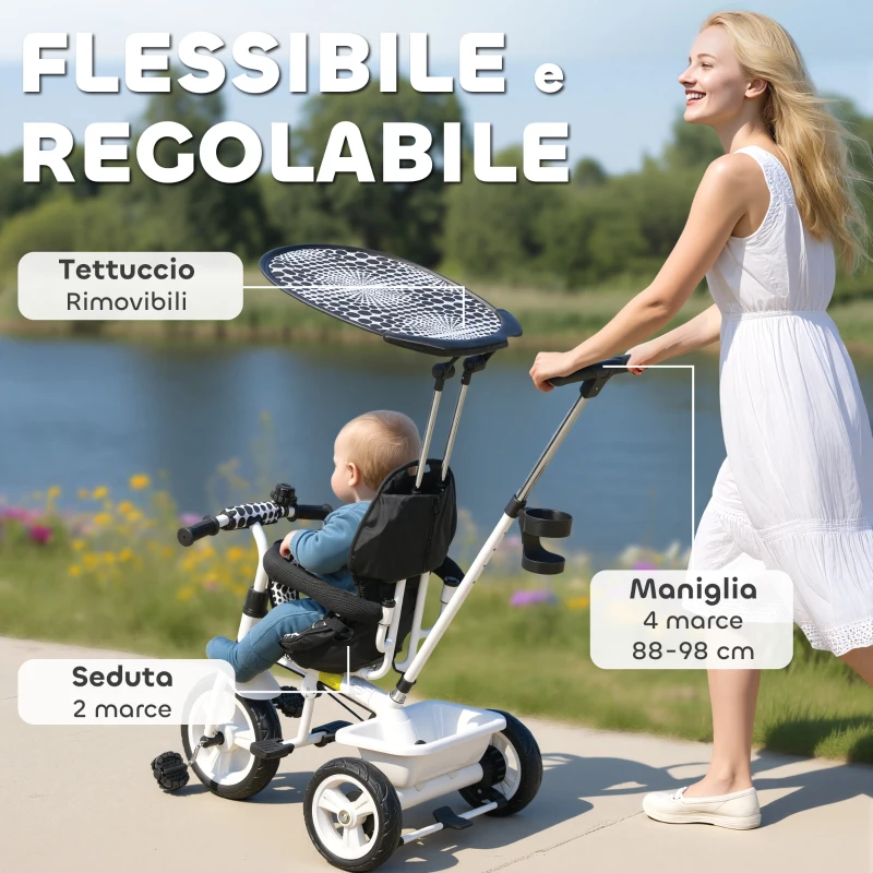 HOMCOM Triciclo per Bambini con Maniglione di Spinta, Tettuccio, Barra di Sicurezza e Box, 105x47x89 cm, Bianco e Nero