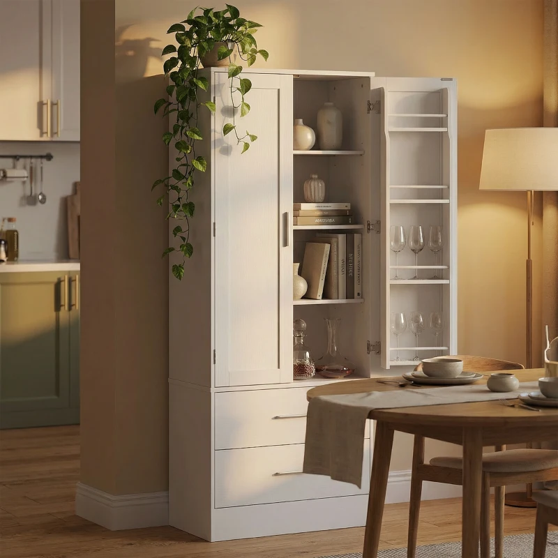 HOMCOM Szafka kuchenna Bufet z 2 drzwiami, 8 półkami drzwiowymi, 2 szufladami, Wysoki szafka z regulowanymi półkami, Nowoczesny schowek na zapasy do salonu, Biały, 60 x 40 x 159 cm