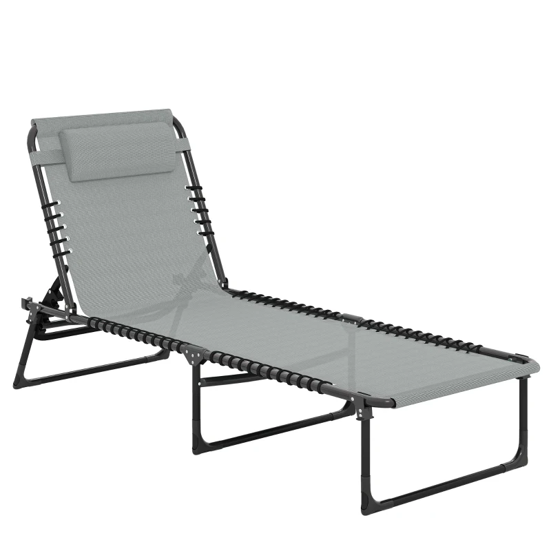 Outsunny Bain de Soleil transat Pliable Dossier inclinable Multi-Positions Acier thermoplastique Lacets élastiques Noir textilène Gris