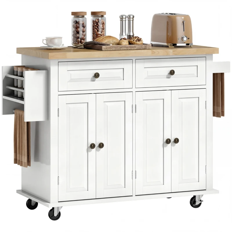 HOMCOM Desserte ilôt de cuisine multi rangements 2 tiroirs 2 placard 2 portes avec étagère range-bouteille porte-torchons et étagère réglable MDF blanc hévéa