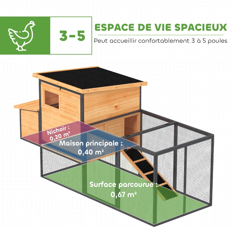 PawHut Poulailler cage à poule en bois et acier avec enclos pondoir tiroir à déjection et toit ouvert 192x81,5x104cm orange