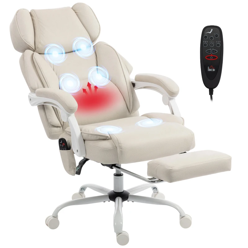 HOMCOM Ergonomische bureaustoel met vibratiemassage en verwarming, kantelbaar, met voetsteun, crème wit