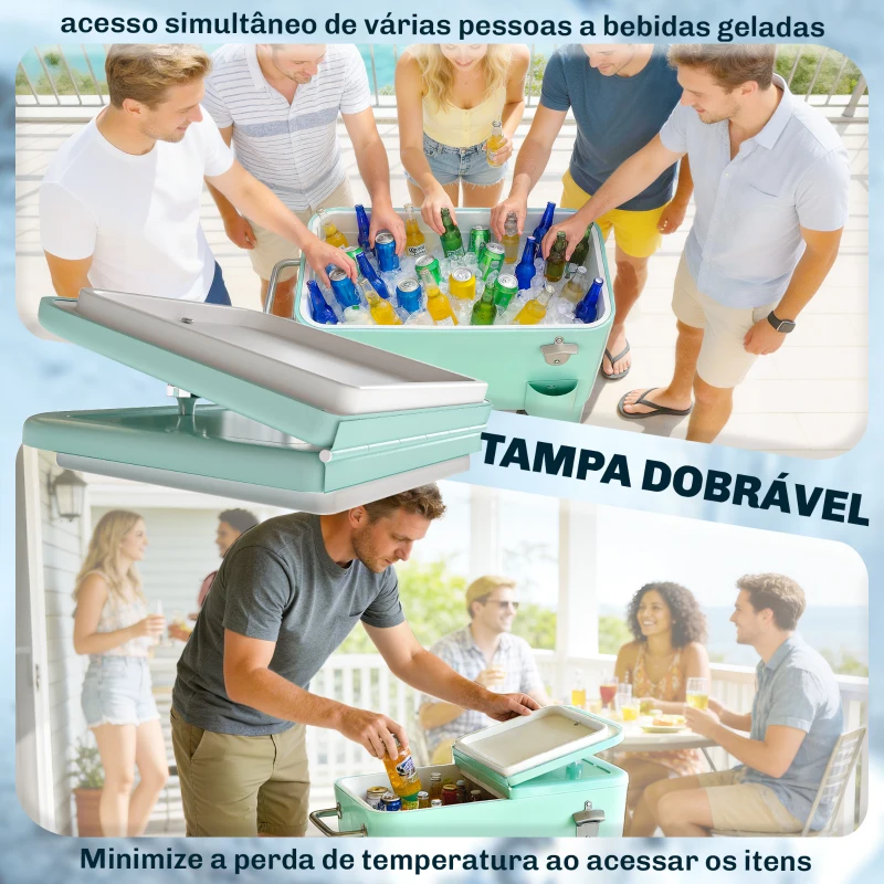 Outsunny Carro de Bebidas Refrigerado 56L com Rodas Abre-garrafas Coletor de Tampas e Alça para Jardim e Festas 75x35x78 cm Verde Claro