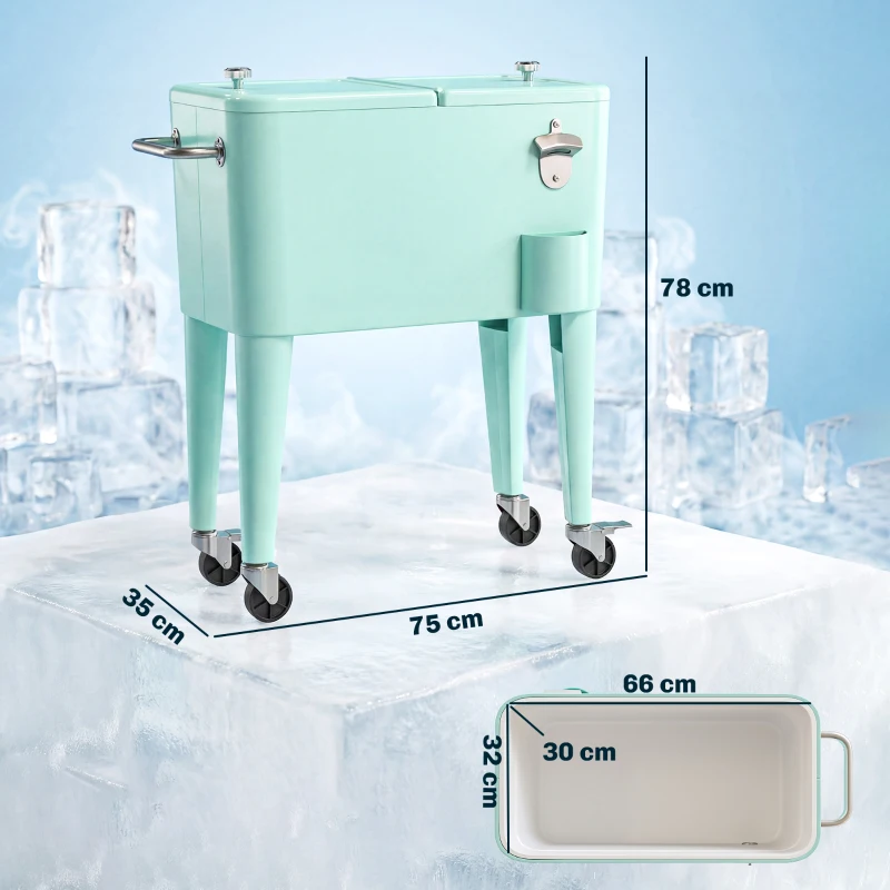 Outsunny Carro de Bebidas Refrigerado 56L com Rodas Abre-garrafas Coletor de Tampas e Alça para Jardim e Festas 75x35x78 cm Verde Claro