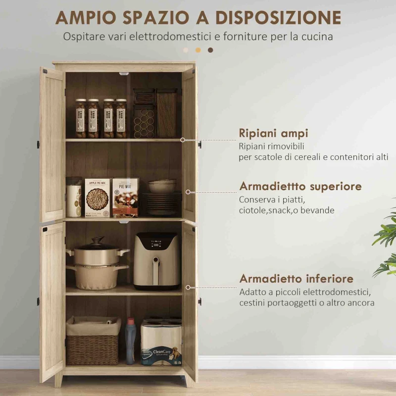 HOMCOM Mobile Cucina a 4 Ante con Mensole Regolabili e Base Rialzata in Legno 80x40x182cm