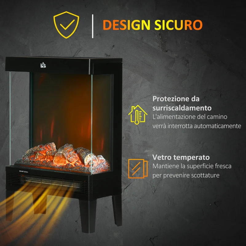 HOMCOM Camino Elettrico 1000W / 2000W con Fiamma LED Realistica e Controllo Temperatura, 40.5x20x62 cm, Nero