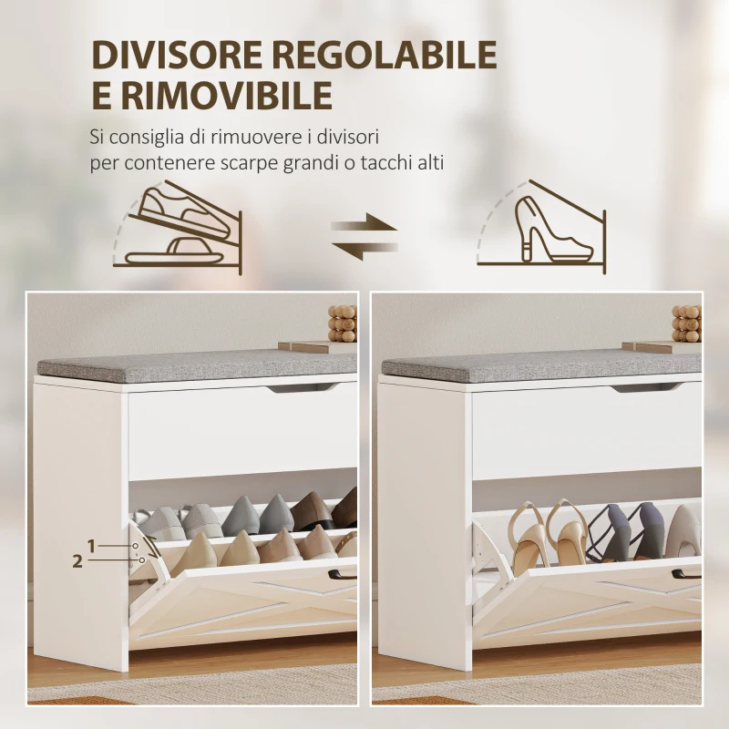 HOMCOM Panca Scarpiera con Cassetto Ribaltabile e Contenitore, Capacità 8 Paia di Scarpe, 80x30x55 cm, Bianco