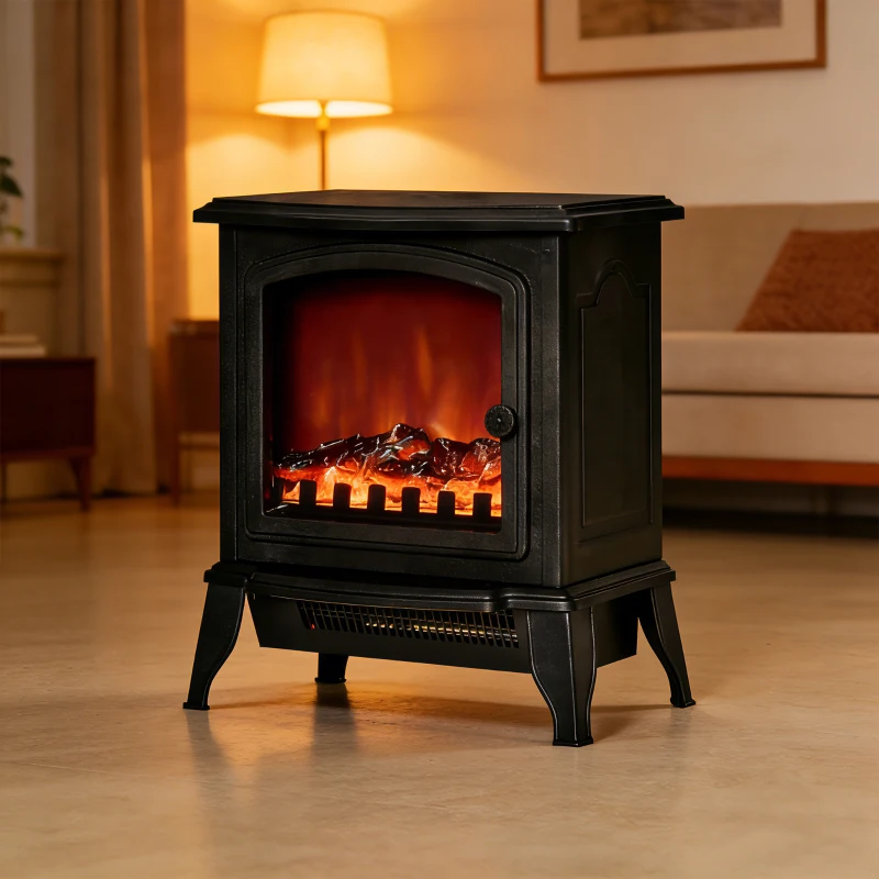 HOMCOM Camino Elettrico Portatile 1000W/2000W con Effetto Fiamma, in ABS e Vetro Temperato, 36.5x24x45.5 cm, Nero