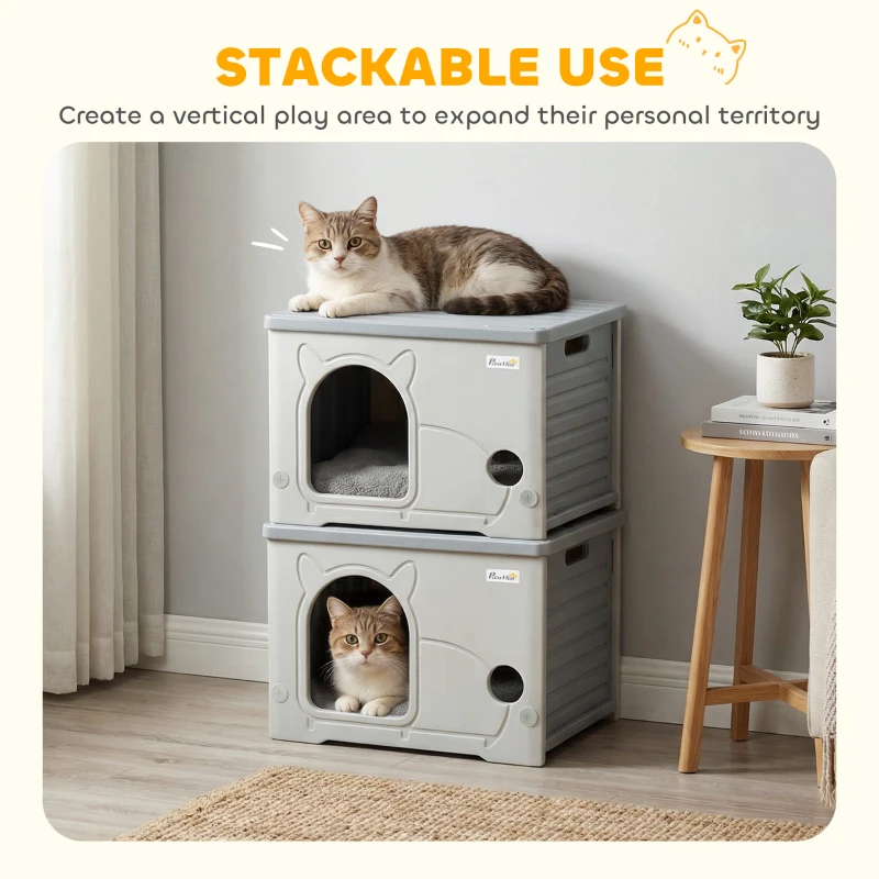 PawHut Cat House Stackable Pet Shelter with Removable Cushion for Indoor Outdoor Use Grey
